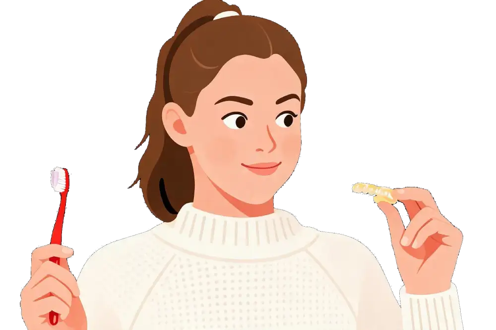 Young pretty female holding toothbrush and braces smiling and wondering about dental care